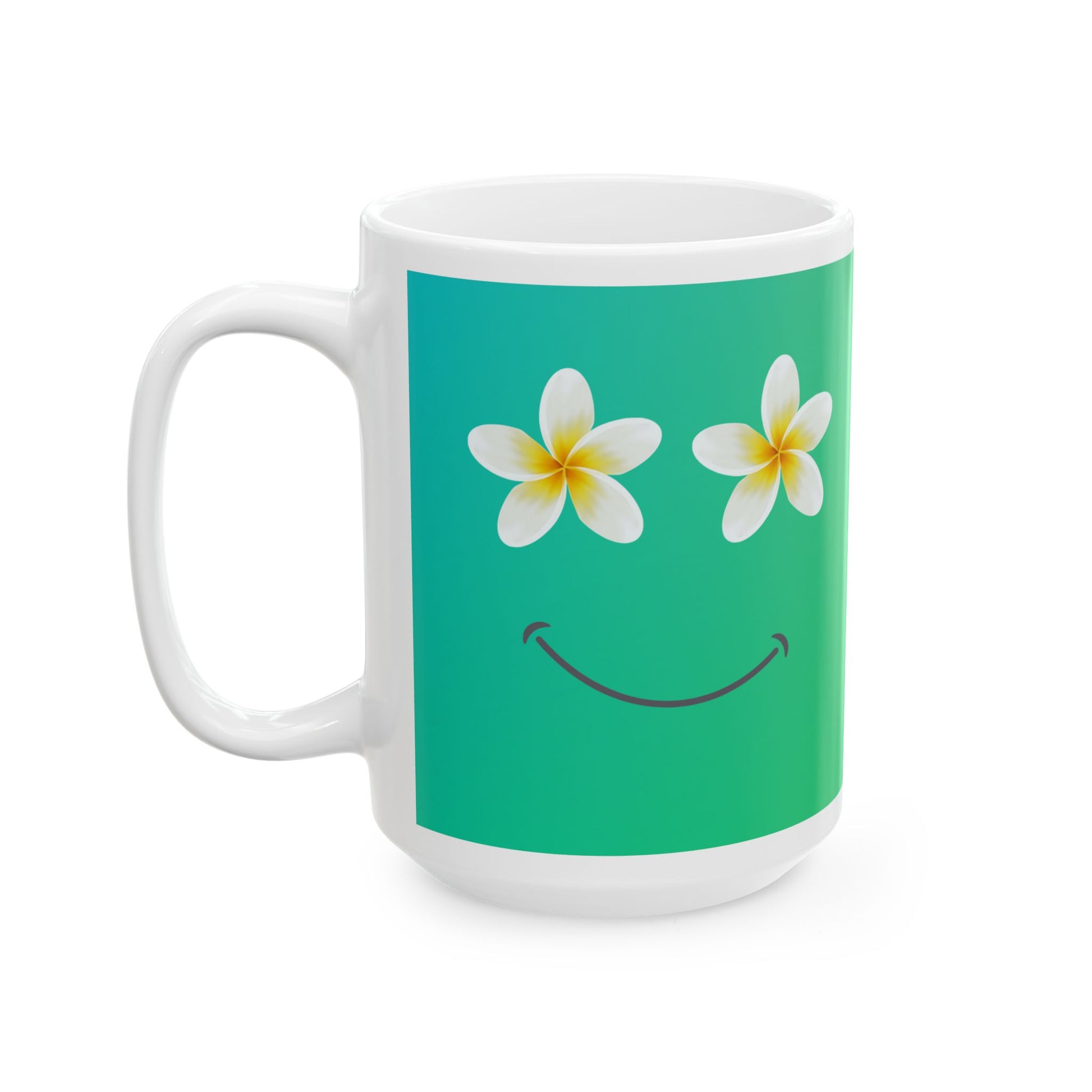A white ceramic mug featuring a square graphic print with a teal background, two white plumeria flowers for eyes, and a simple black smiley face.