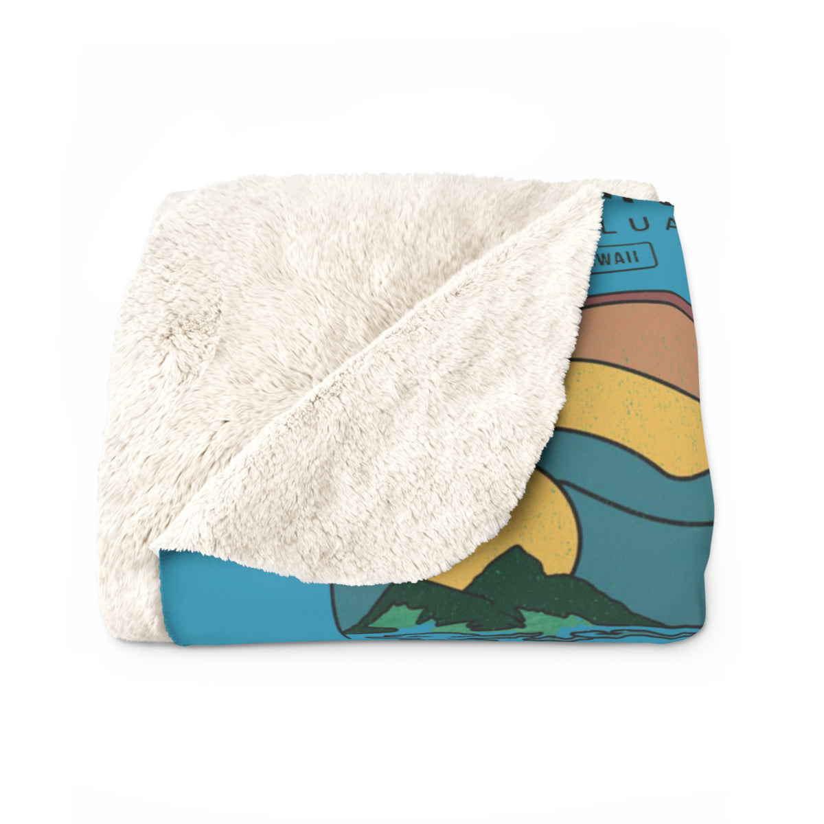A folded sherpa blanket with a cream-colored fluffy sherpa backing and a printed front panel featuring a retro landscape design with blue, yellow, green, and brown layers.