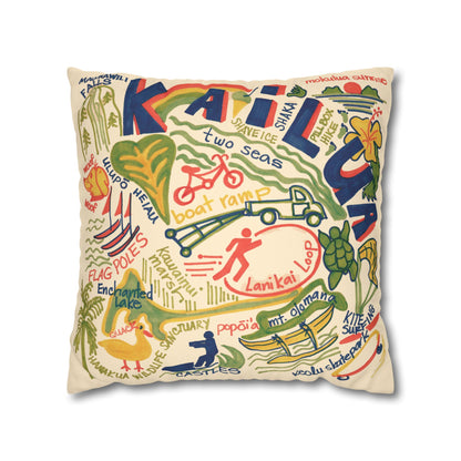 Decorative faux suede throw pillow cover featuring an original hand-drawn illustration of Kailua, Hawaii landmarks, beaches, surfing, paddling, turtles, and island icons.