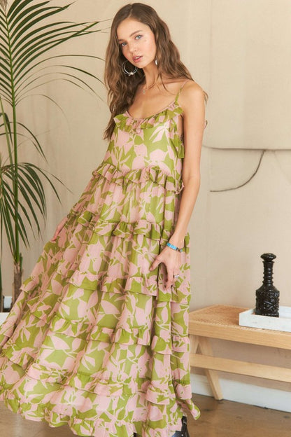 Ruffled Tiered Pink/Sage Floral Maxi Dress