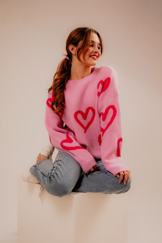 Pink Heart Printed Sweater