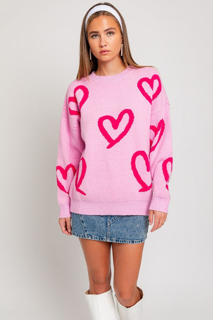 Pink Heart Printed Sweater