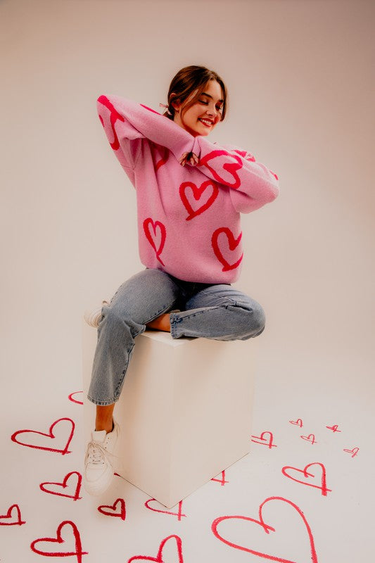 Pink Heart Printed Sweater