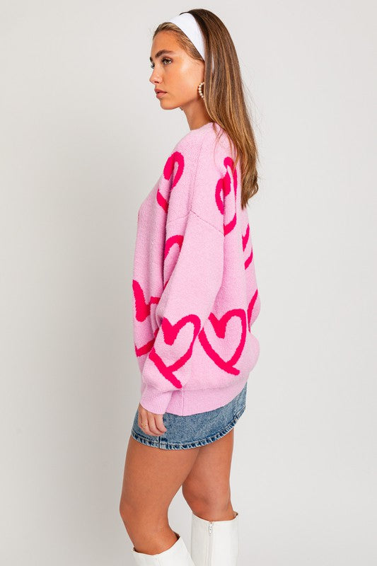 Pink Heart Printed Sweater