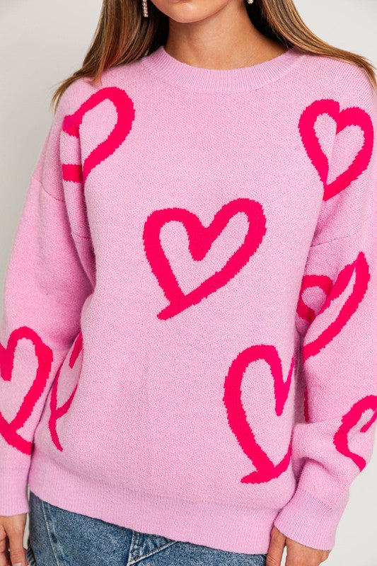 Pink Heart Printed Sweater