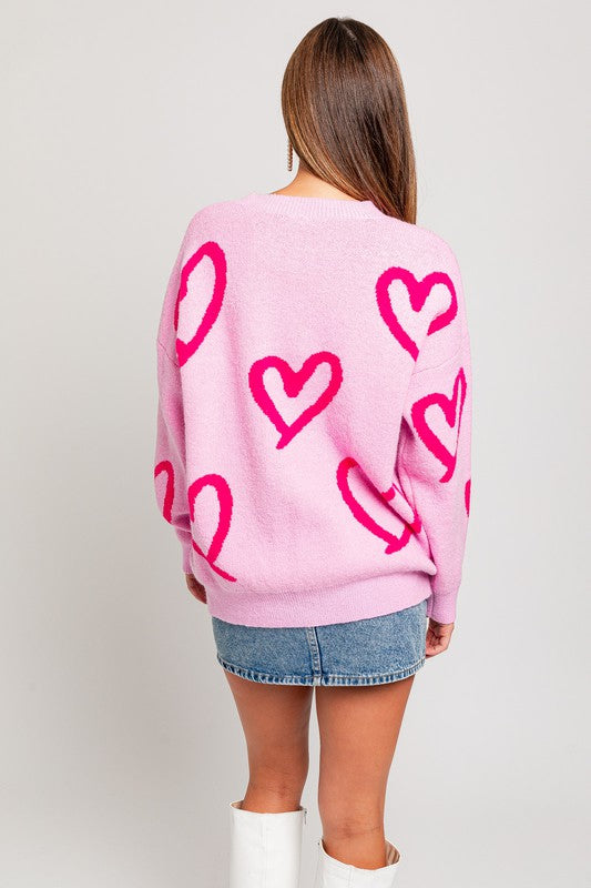 Pink Heart Printed Sweater