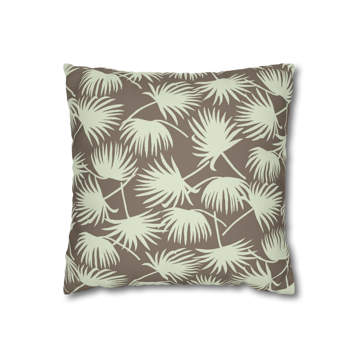 A square throw pillow featuring an all-over palm frond pattern in sage green on a warm taupe-brown background, shown against a plain white studio background.