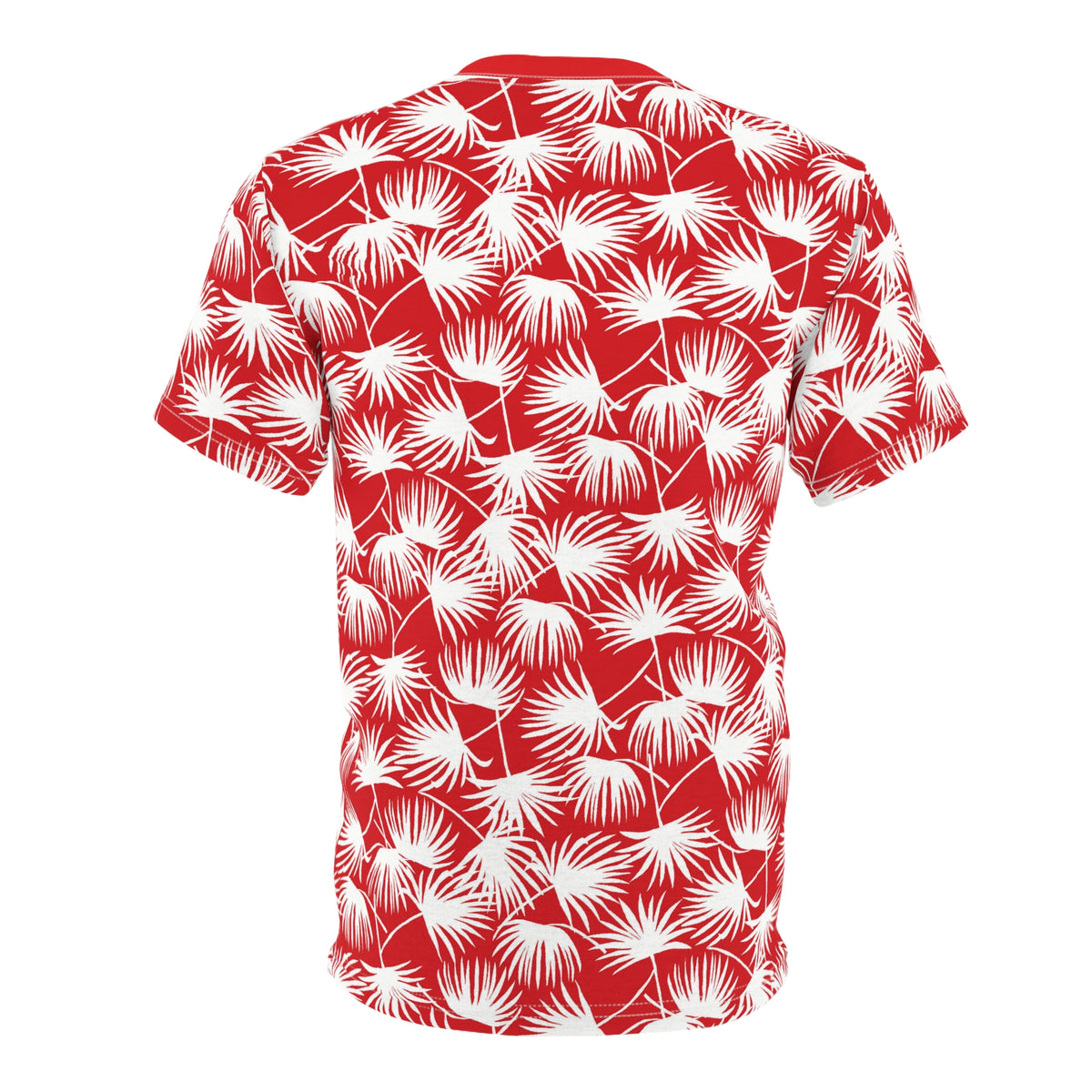 Red and white fan palm Hawaiian Christmas tee with green Aloha Kalikimaka lettering