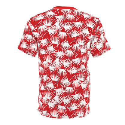 Red and white fan palm Hawaiian Christmas tee with green Aloha Kalikimaka lettering
