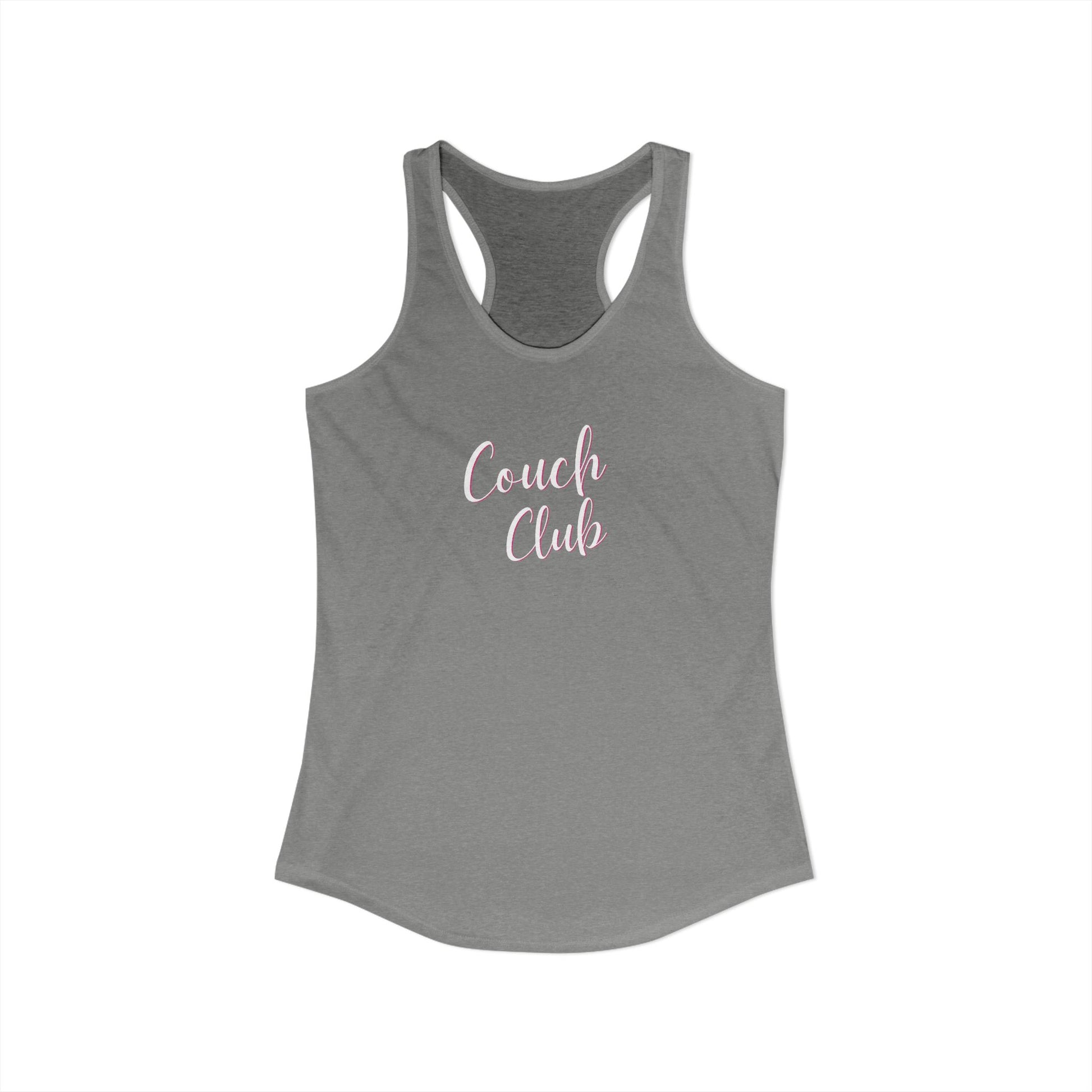 Gray tank top with 'Couch Club' text on a white background