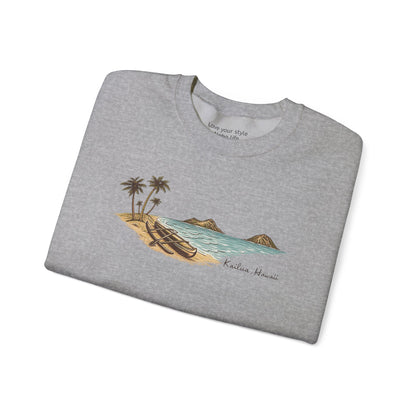 Folded Full color hand-drawn Kailua canoe and Mokulua Islands unisex sweatshirt on sport grey