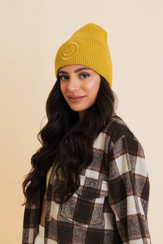 Happy Face Embroidered Ribbed Knit Beanie