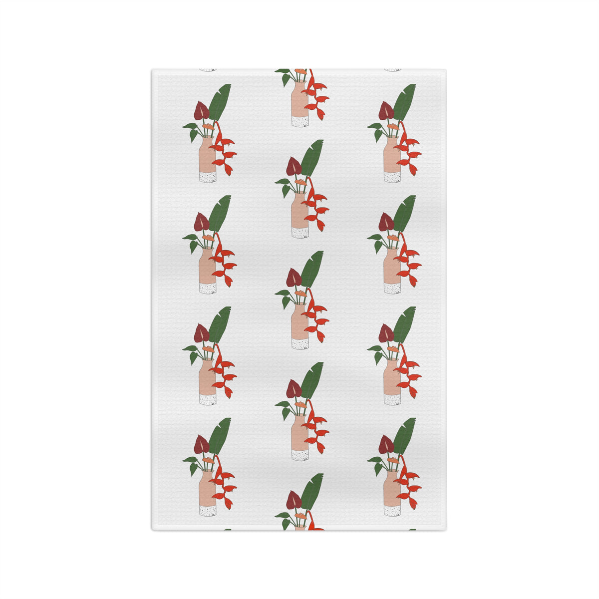 Anthurium Bouquet Hawaiʻi kitchen towel with red anthuriums and tropical green leaves on a neutral background
