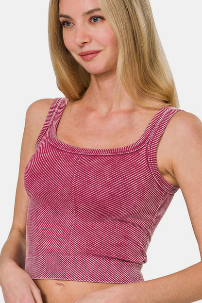 Washed Red Ribbed Square Neck Crop Tank