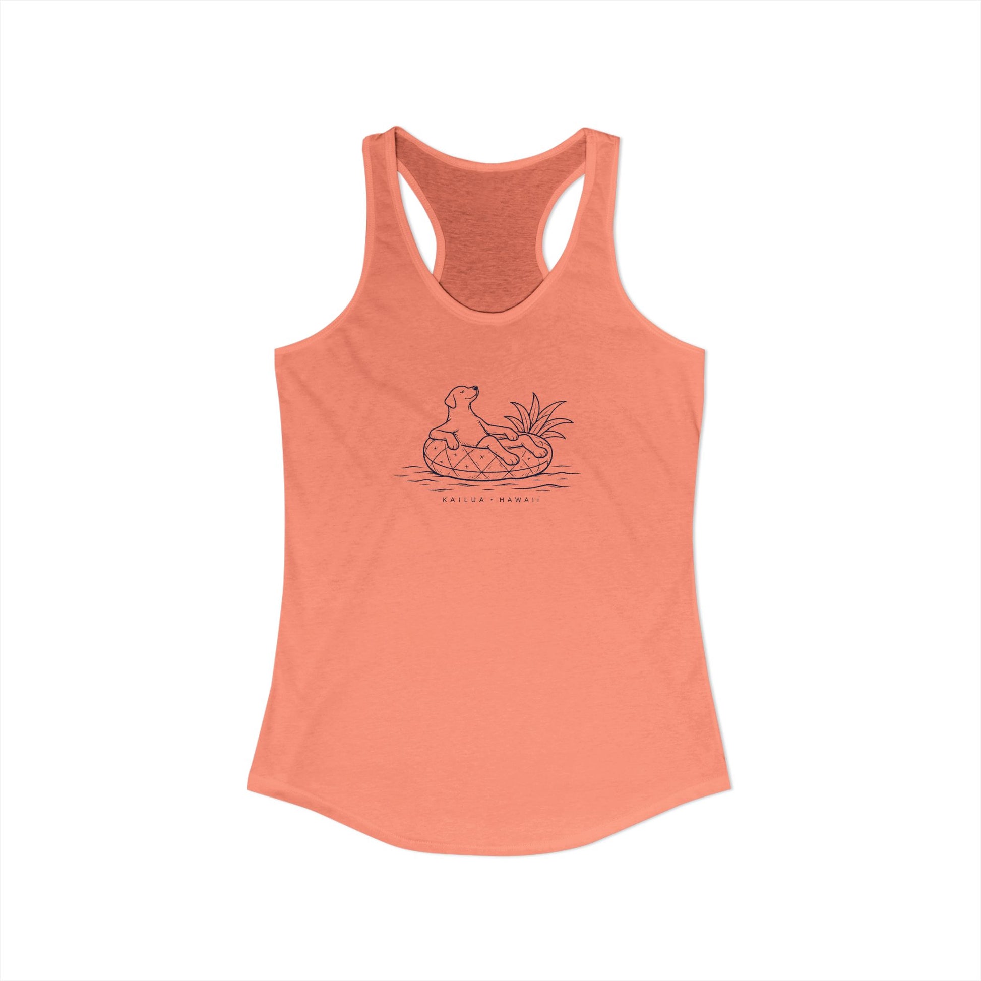 Coral tank top with a graphic design on a white background