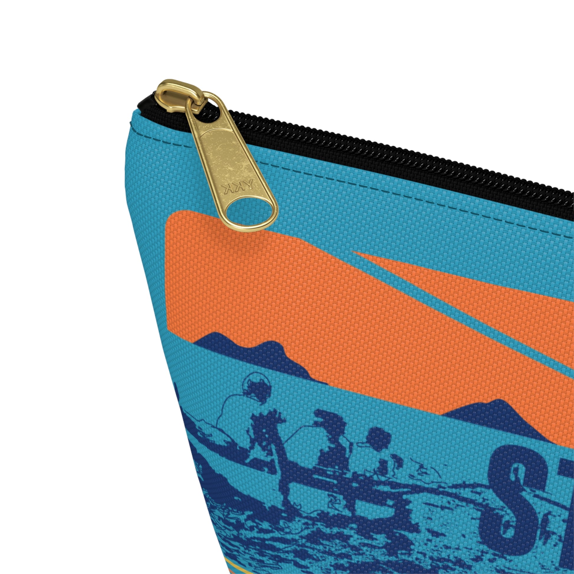 A close-up of a zippered pouch with a colorful graphic print. The pouch features a bright blue background with an orange sunset-like shape, dark blue mountain silhouettes, and a boat illustration.