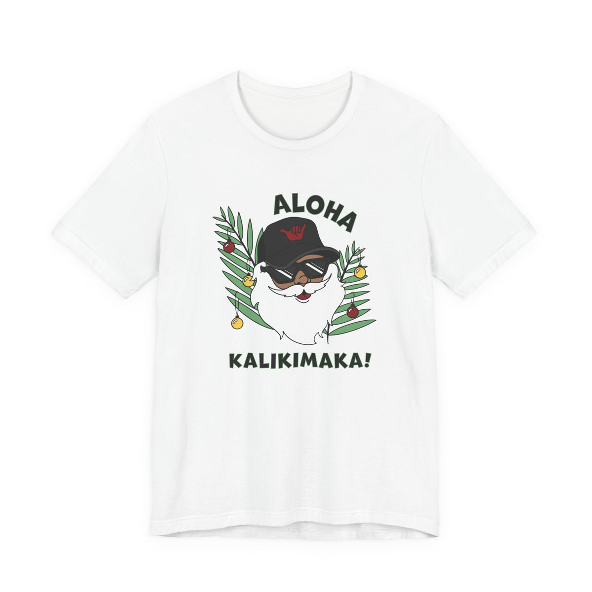 White Santa Kalikimaka unisex T-shirt with hand-drawn Santa wearing sunglasses and throwing a shaka surrounded by tropical palm leaves.