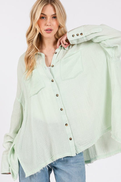 Mint Frayed Hem Cotton Button Down Shirt