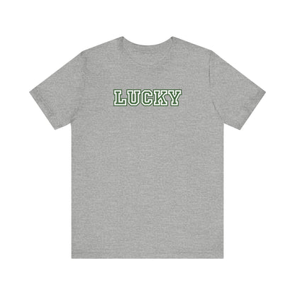 Gray t-shirt with white text on a white background