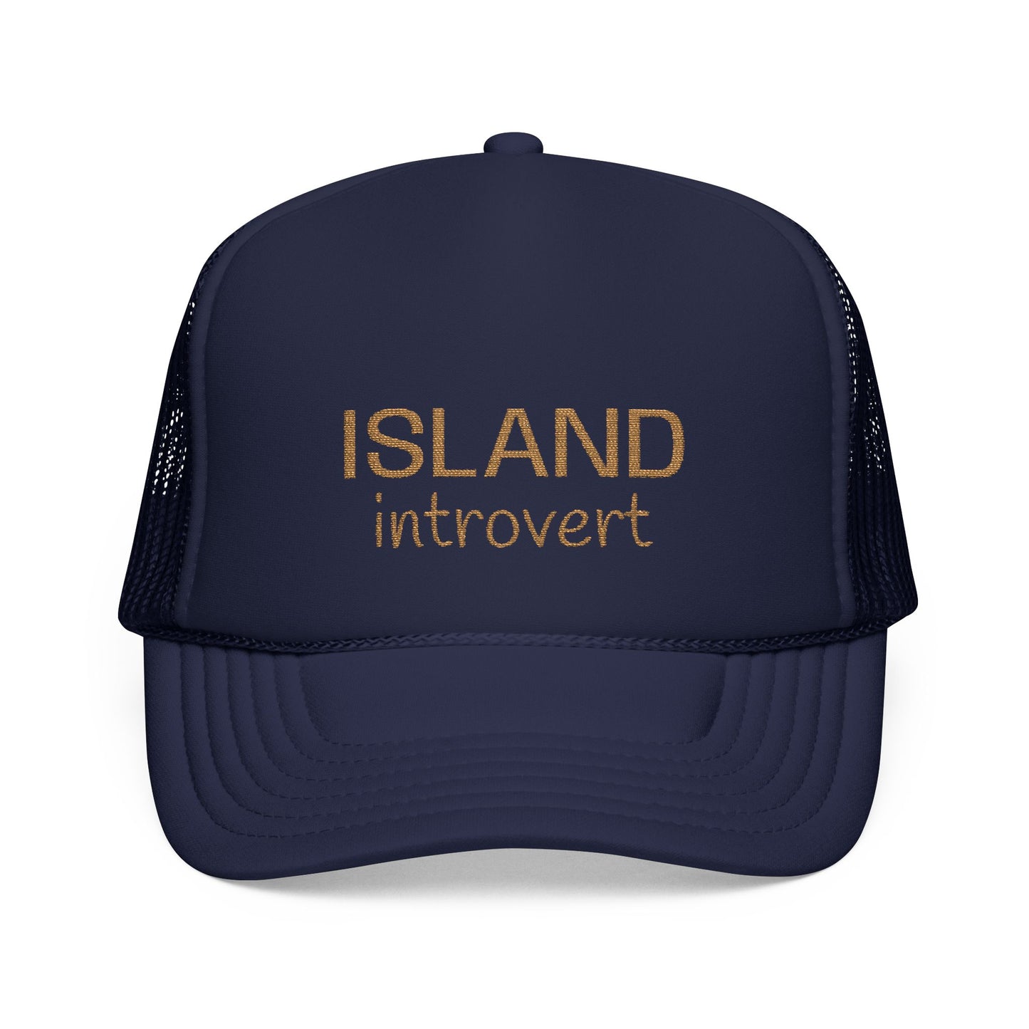 Navy trucker hat with tan embroidery 'island introvert'