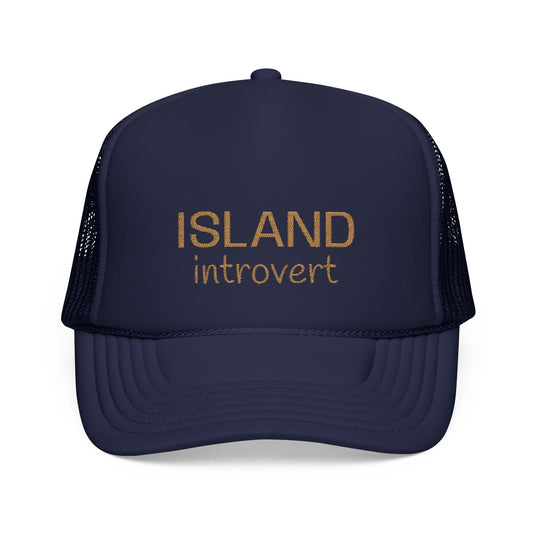 Navy trucker hat with tan embroidery 'island introvert'