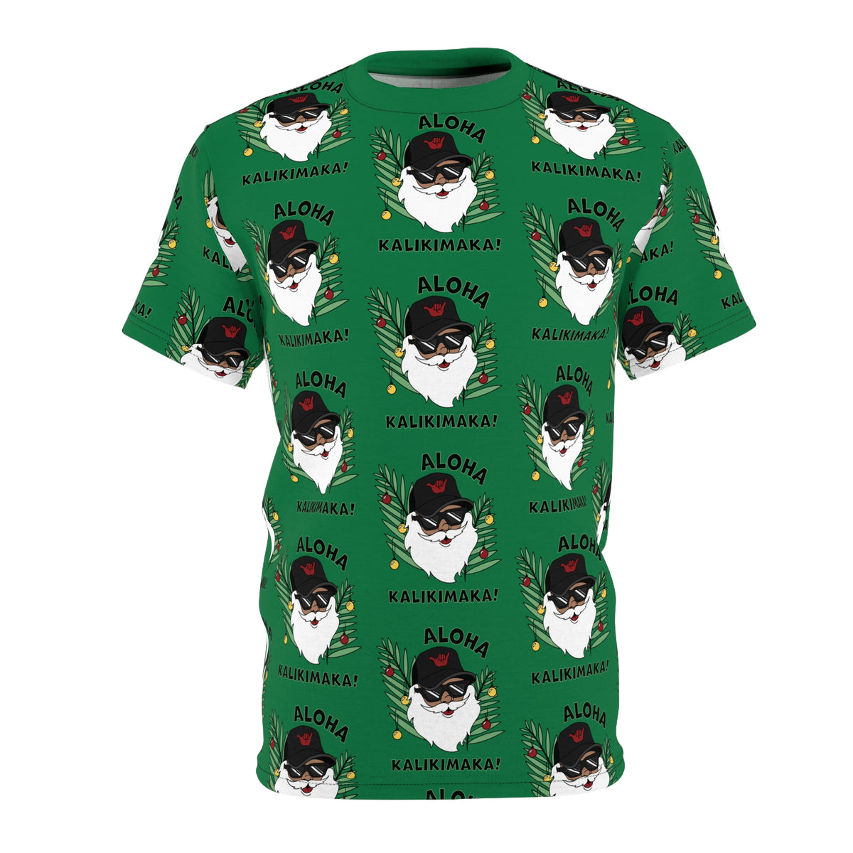 Green Aloha Kalikimaka Hawaiian Christmas tee with all-over Santa, tropical leaves and holiday ornament print
