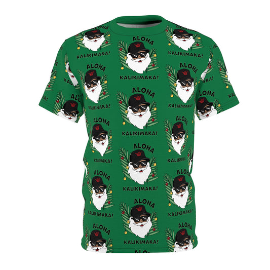 Green Aloha Kalikimaka Hawaiian Christmas tee with all-over Santa, tropical leaves and holiday ornament print