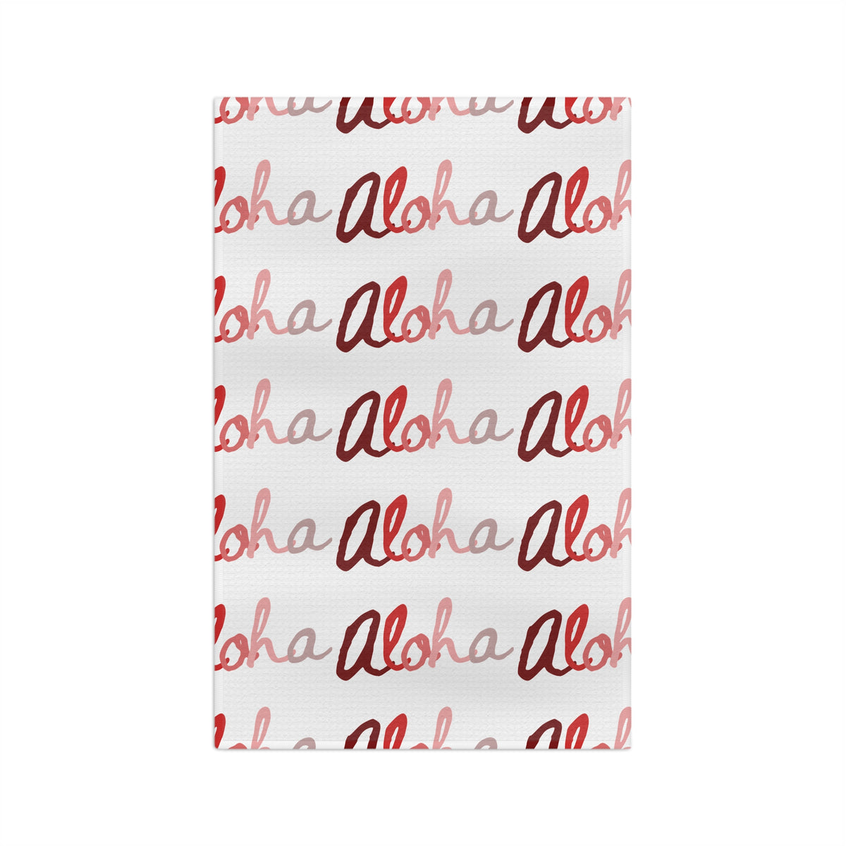 Red Aloha Hawaiʻi kitchen towel with repeating script design in shades of red on white