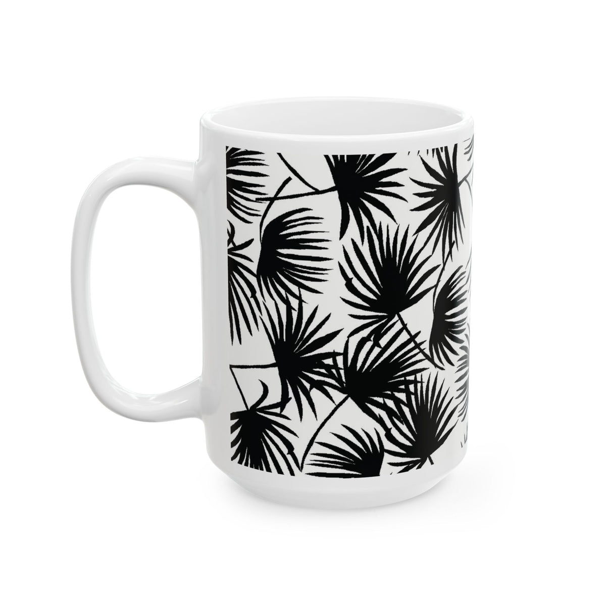 Palm Fan Black coffee mug with black and white tropical palm print by Global Village Kailua
