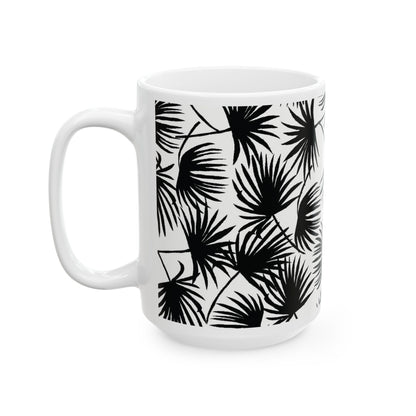 Palm Fan Black coffee mug with black and white tropical palm print by Global Village Kailua