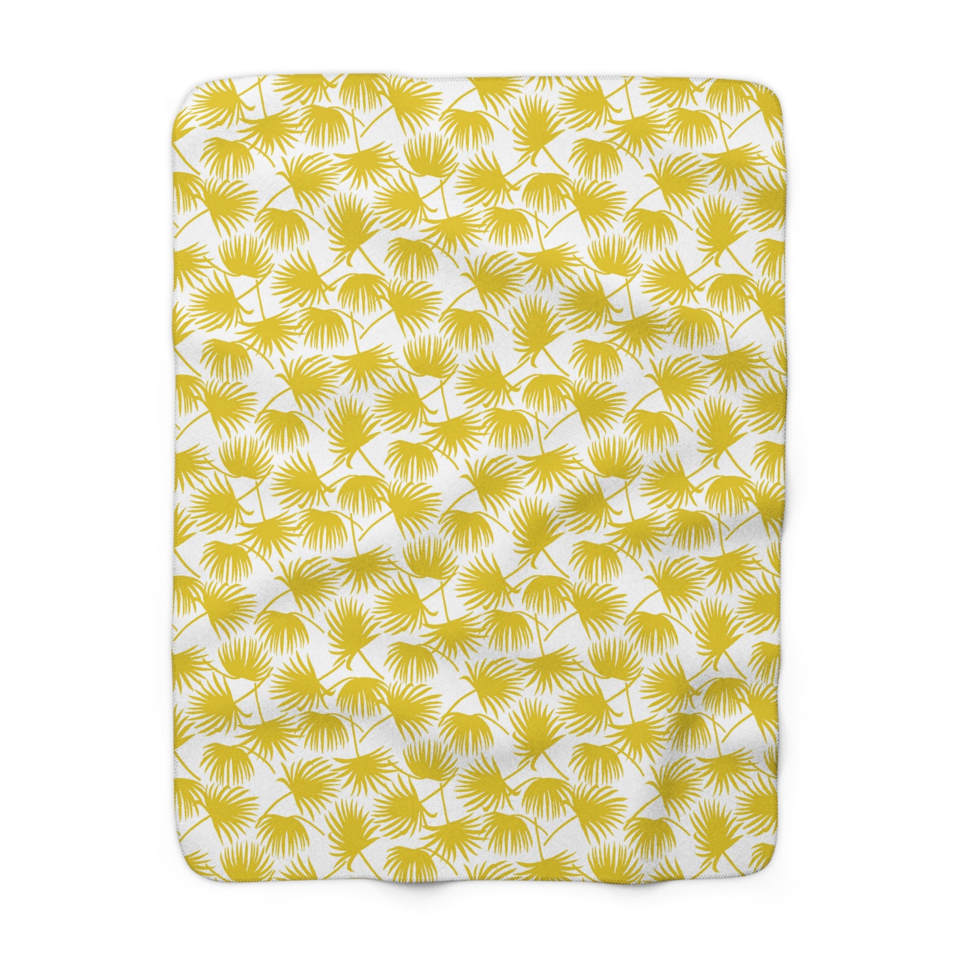 A rectangular throw blanket with a yellow palm frond pattern on a white background, shown flat against a white backdrop.