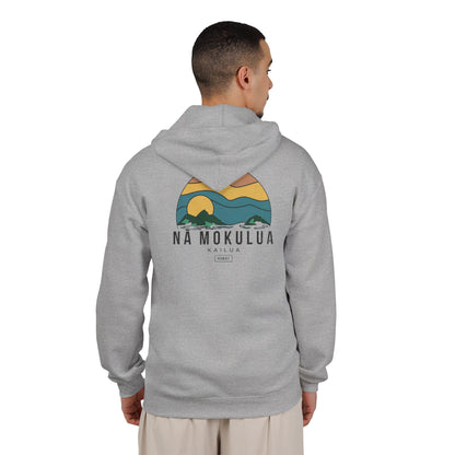 Back of grey Nā Mokulua Kailua zip hoodie with large retro Mokulua Islands sunset graphic