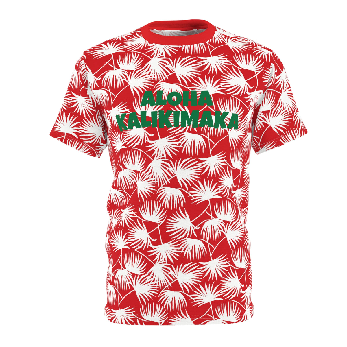 Red and white fan palm Hawaiian Christmas tee with green Aloha Kalikimaka lettering