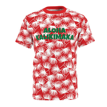 Red and white fan palm Hawaiian Christmas tee with green Aloha Kalikimaka lettering