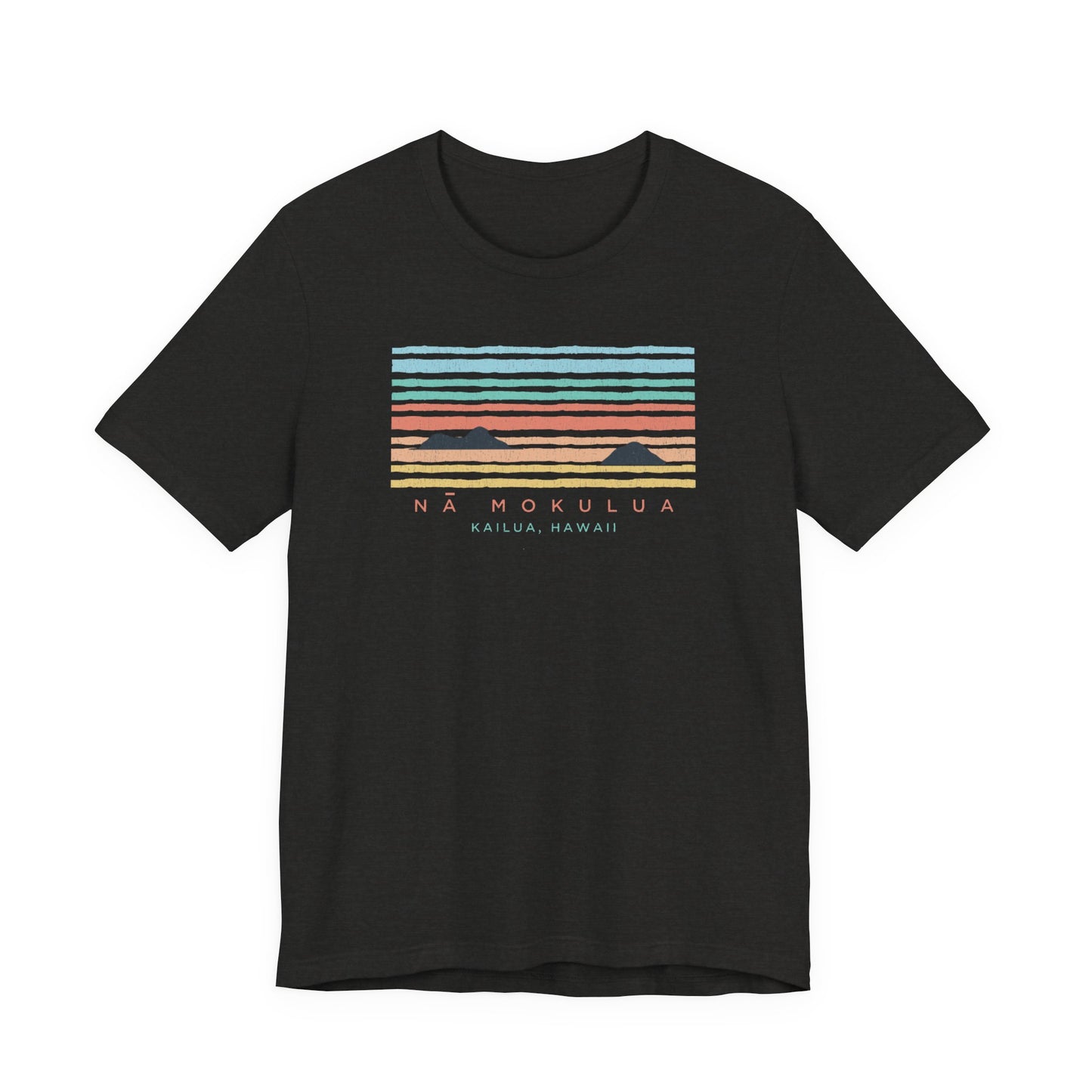 A black short-sleeve crewneck t-shirt featuring a retro sunset graphic on the chest with the text 'NA MOKULUA' and 'KAILUA, HAWAII'.