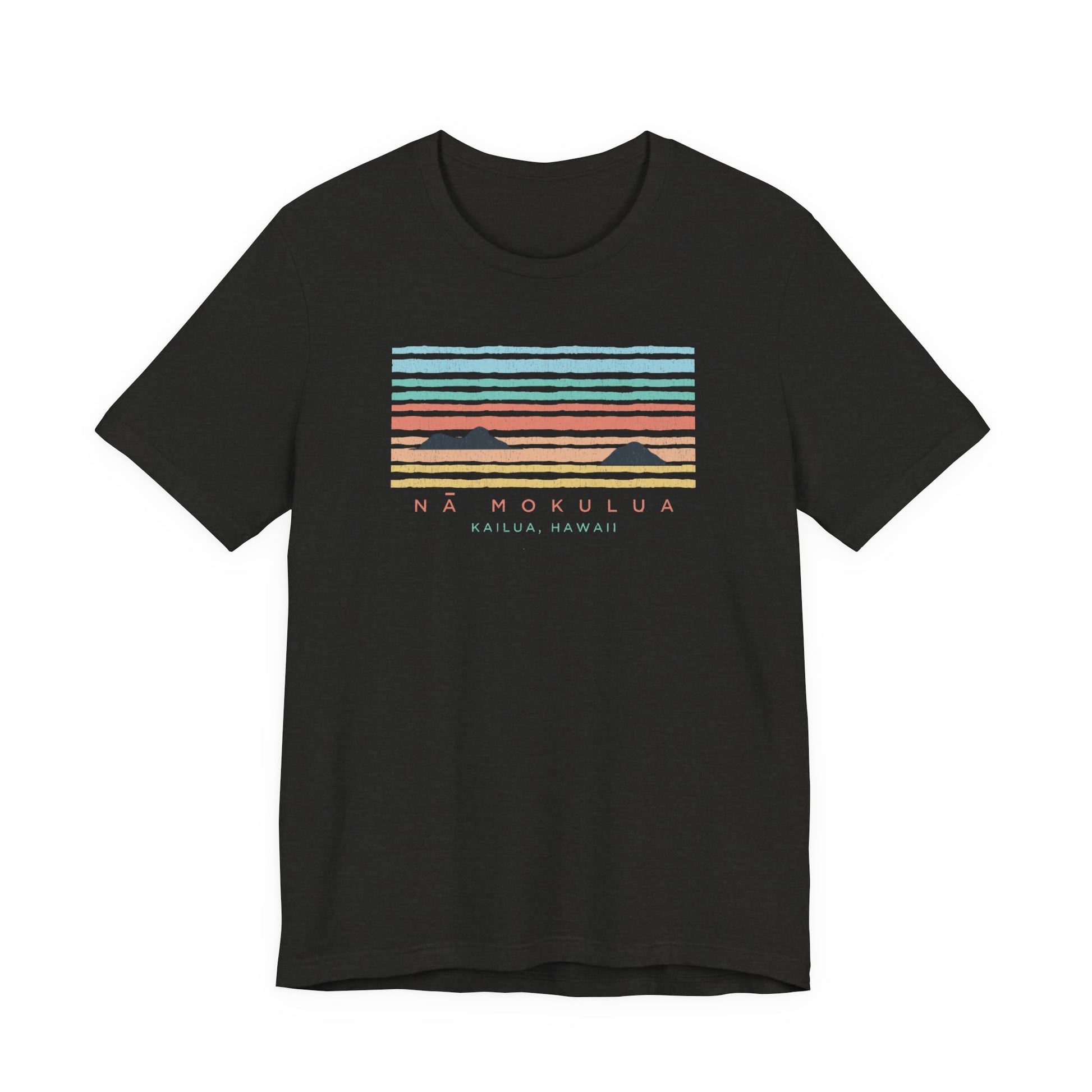 A black short-sleeve crewneck t-shirt featuring a retro sunset graphic on the chest with the text 'NA MOKULUA' and 'KAILUA, HAWAII'.