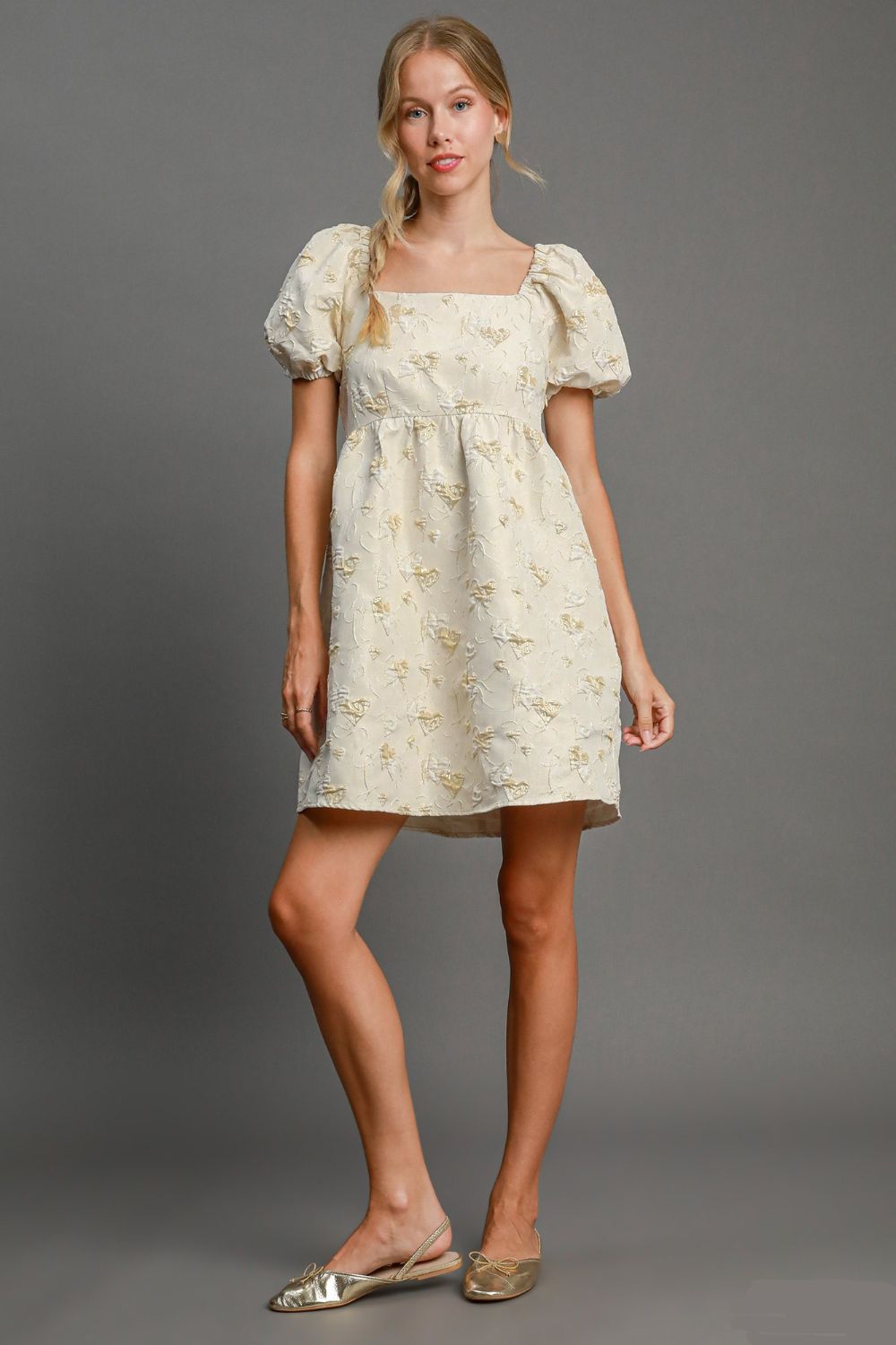 Cream Heart Jacquard Square Neck Puff Sleeve Mini Dress