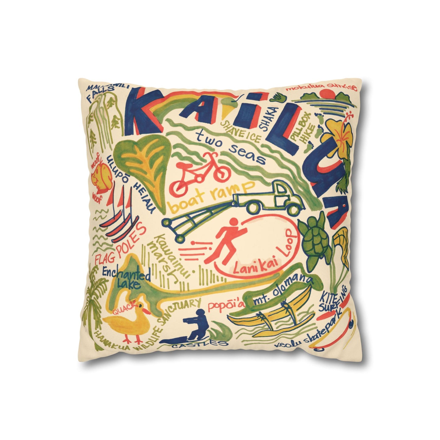 Decorative faux suede throw pillow cover featuring an original hand-drawn illustration of Kailua, Hawaii landmarks, beaches, surfing, paddling, turtles, and island icons.