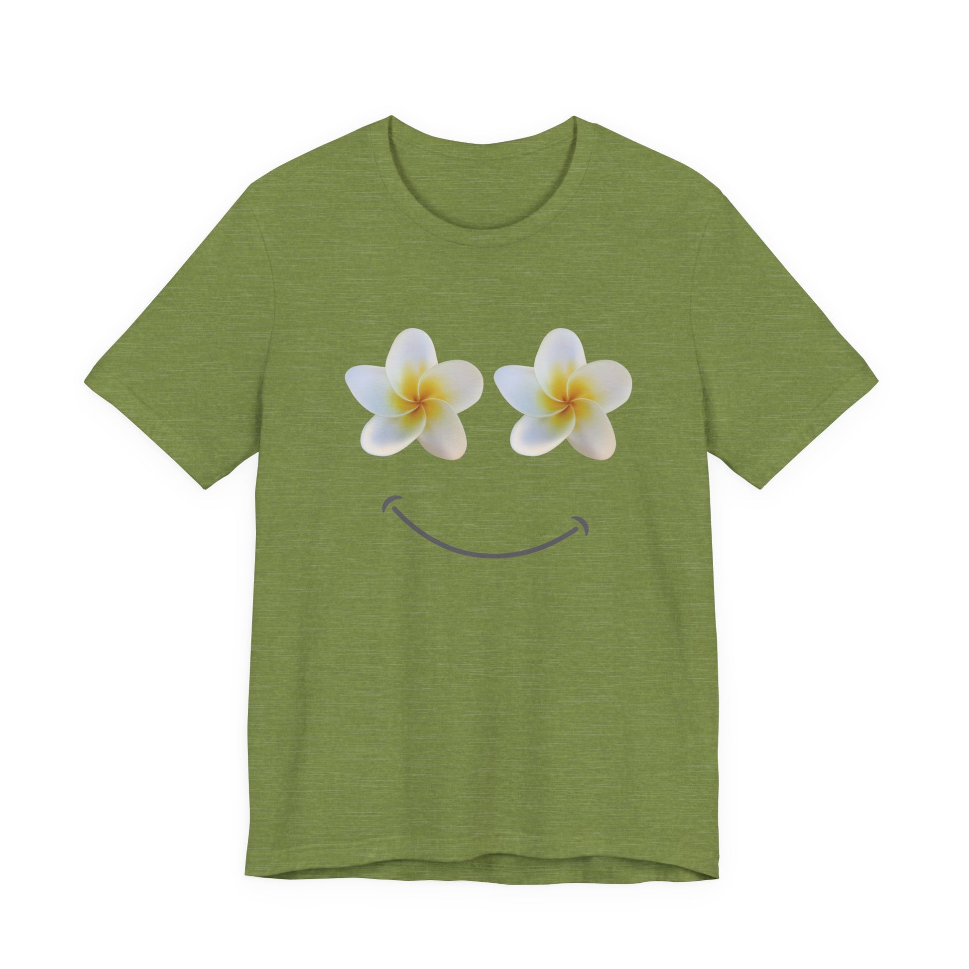 An olive green short-sleeve t-shirt with a graphic of two white plumeria flowers with yellow centers acting as eyes, and a simple smiley mouth underneath, shown on a plain white background.