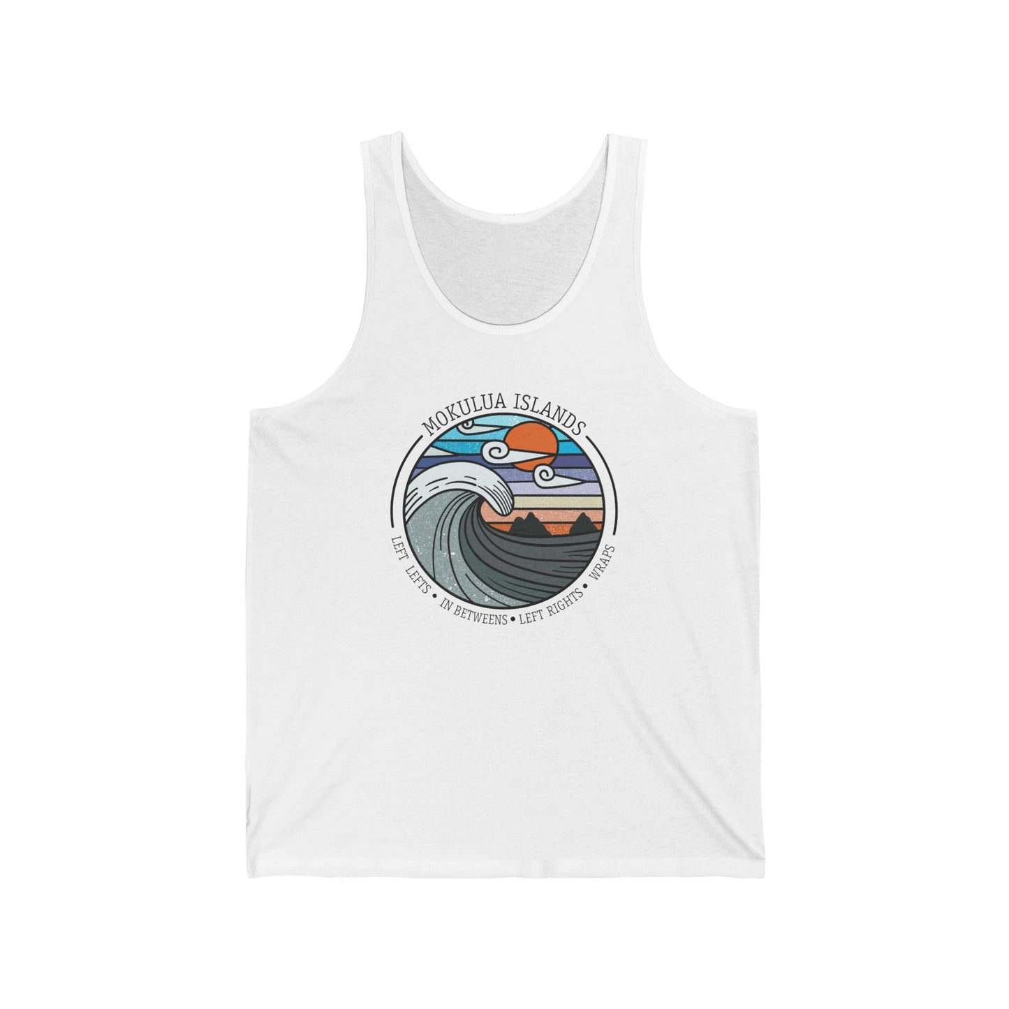 Unisex Surf Breaks Mokulua tank featuring an original Kailua, Hawaii graphic inspired by the Mokulua Islands and local surf breaks.