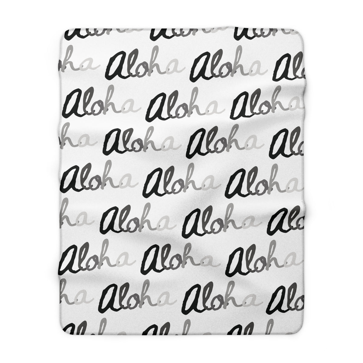Aloha grayscale sherpa fleece blanket with a repeating black, white and gray island-inspired design.