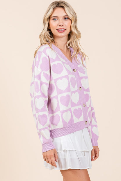 Lilac Checkered Heart Button Down Cardigan