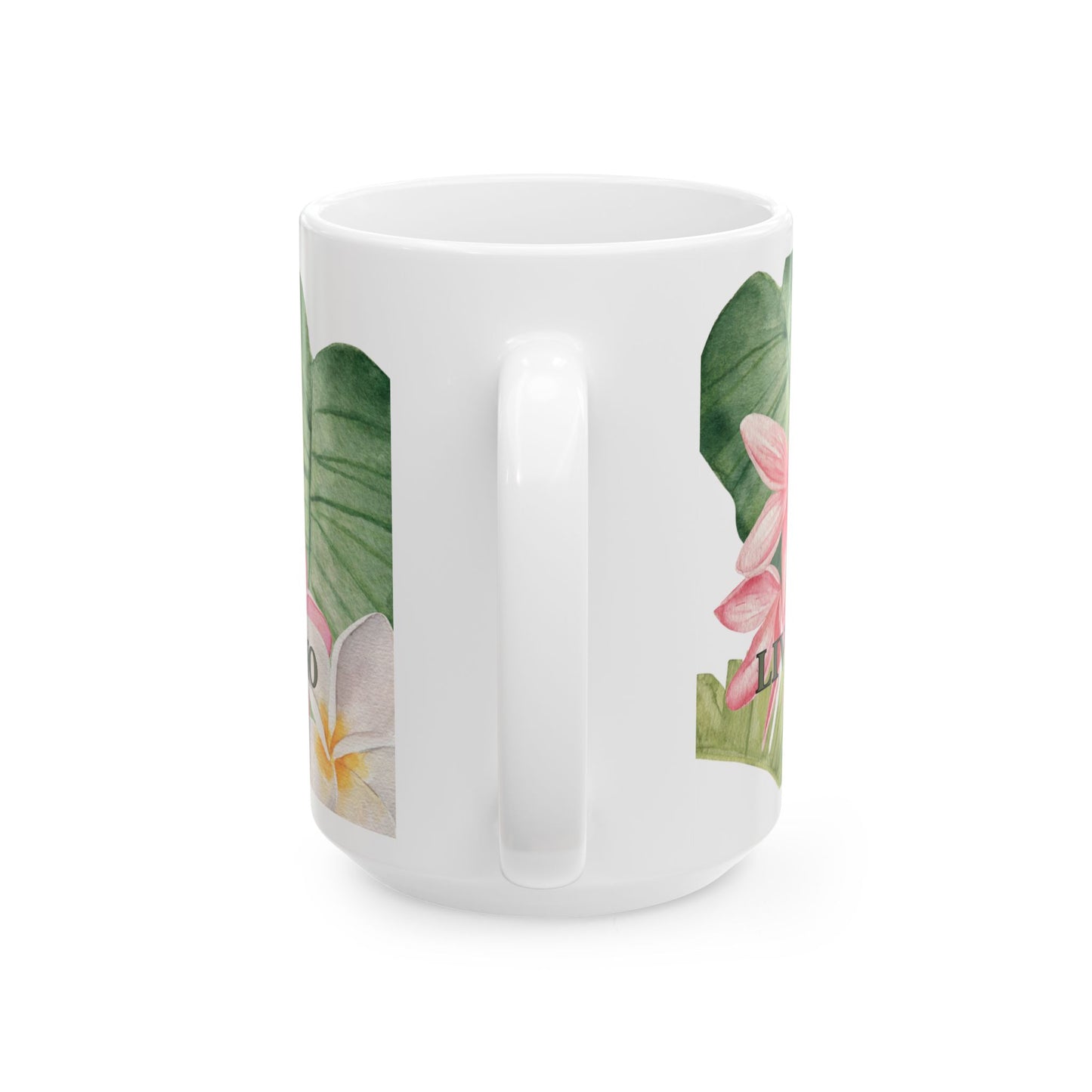 A white ceramic coffee mug featuring a tropical watercolor design of pink plumeria flowers and green palm leaves, shown on a clean white background.