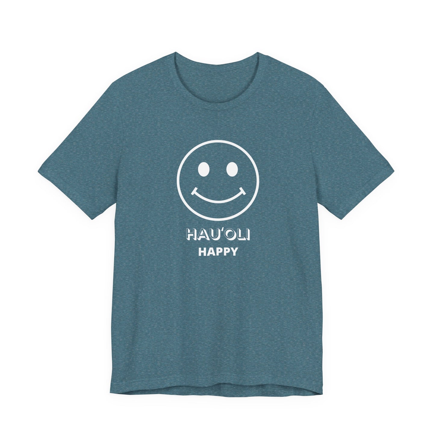 Blue t-shirt with 'happy face' design on a white background