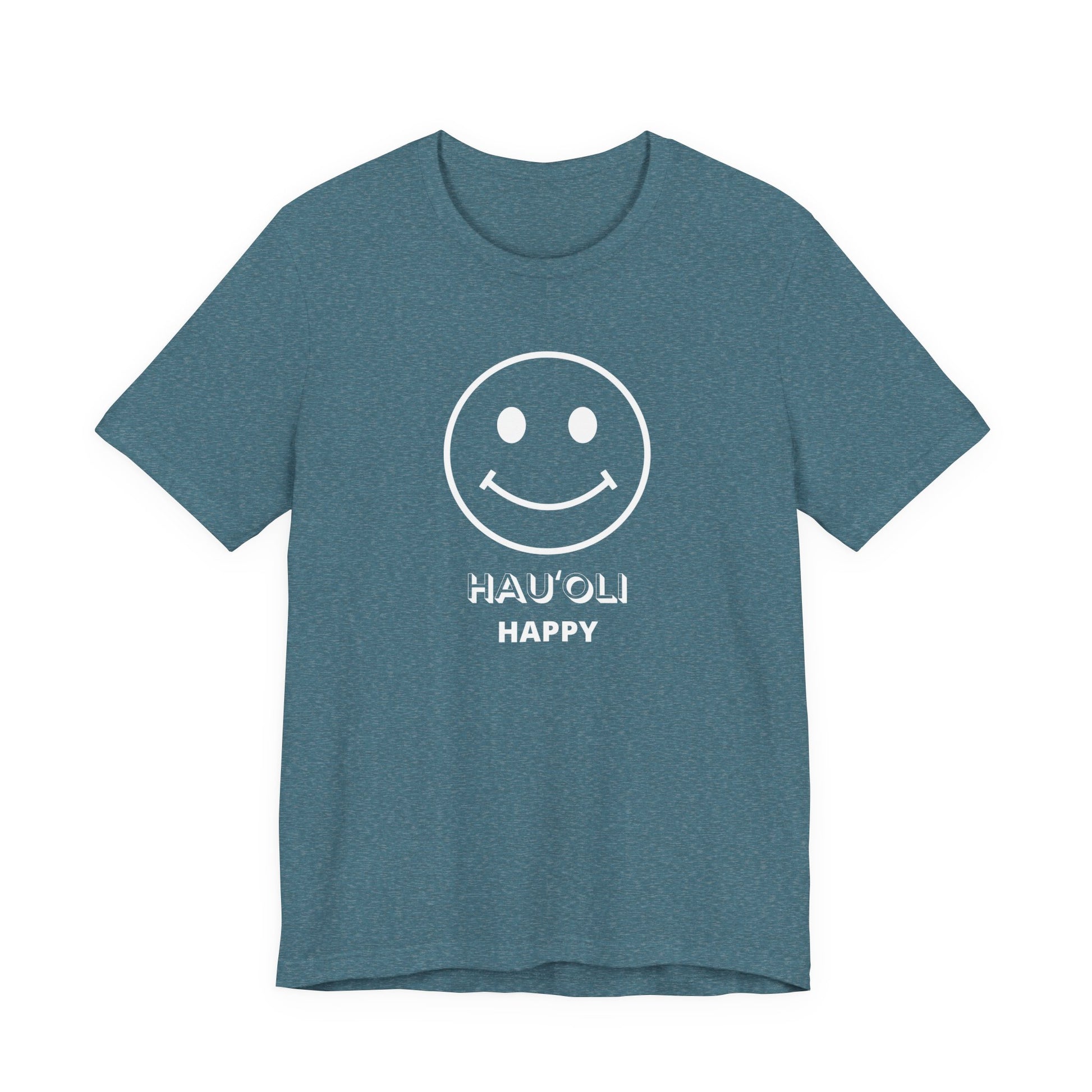 Blue t-shirt with 'happy face' design on a white background