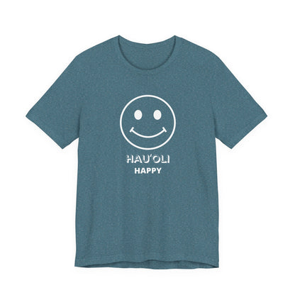 Blue t-shirt with 'happy face' design on a white background