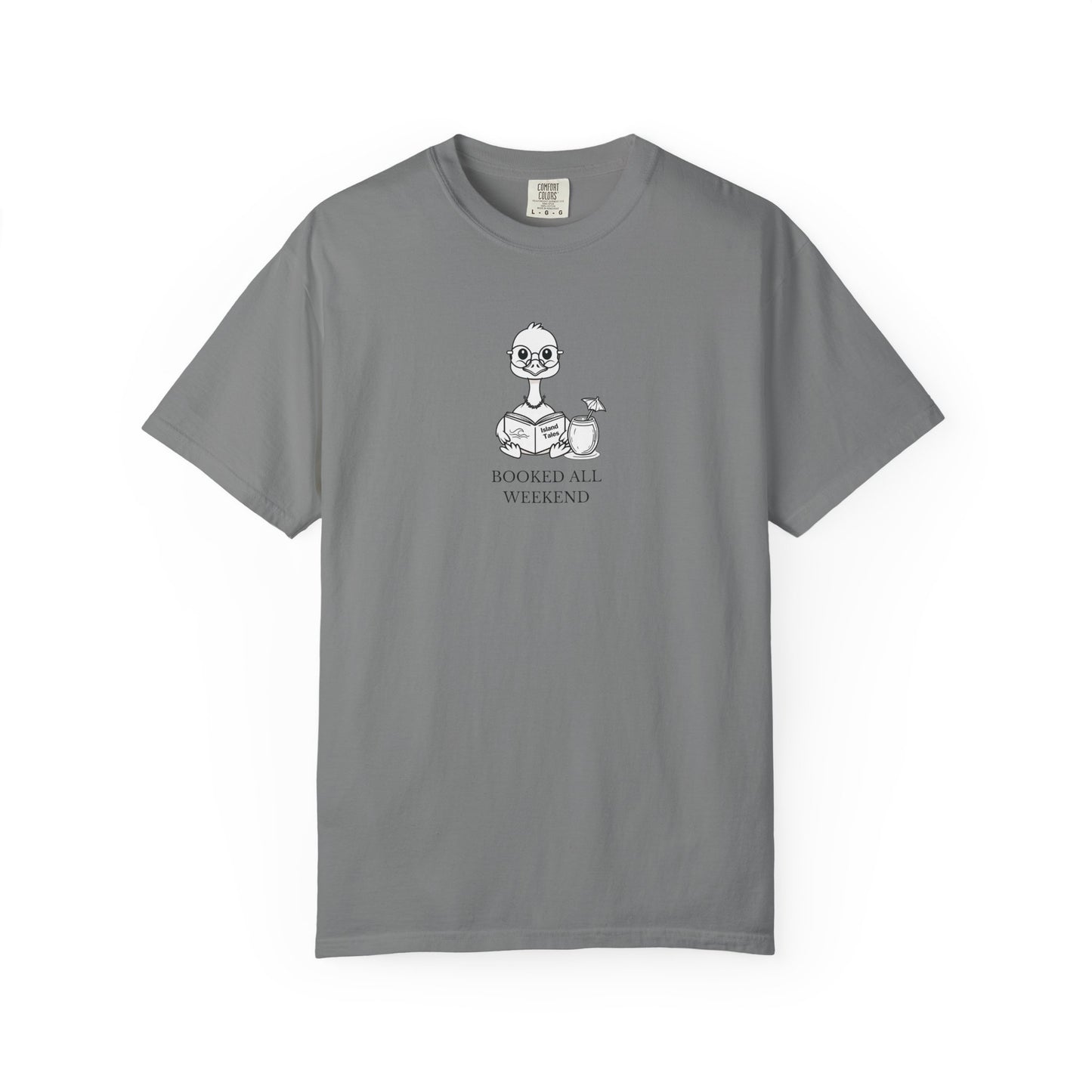 A grey comfort colors t-shirt with design of a nene goose reading a book and text 'booked all weekend' 