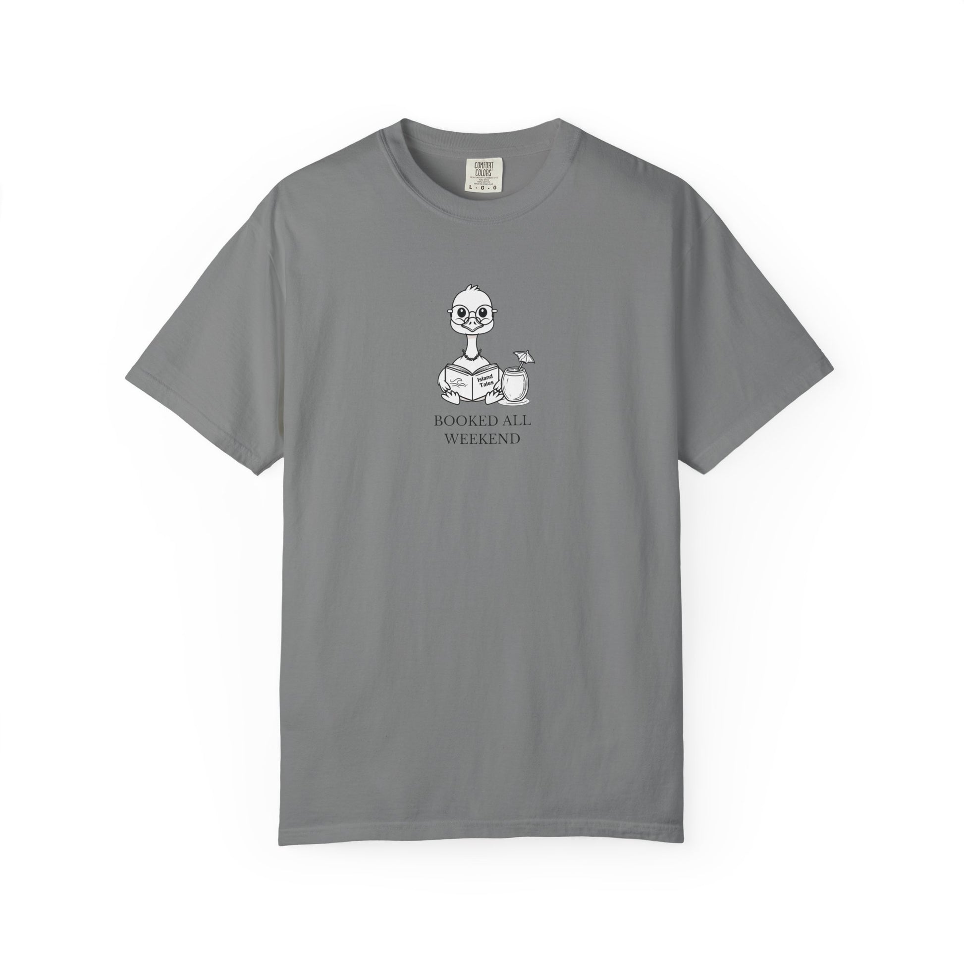 A grey comfort colors t-shirt with design of a nene goose reading a book and text 'booked all weekend' 