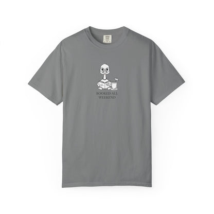 A grey comfort colors t-shirt with design of a nene goose reading a book and text 'booked all weekend' 