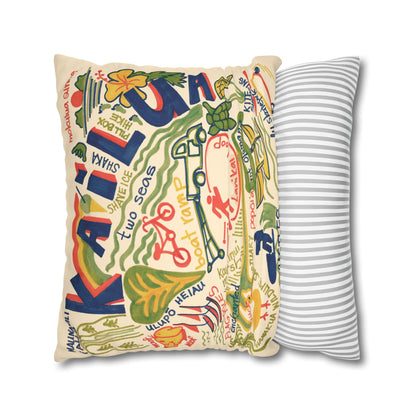 Decorative faux suede throw pillow cover featuring an original hand-drawn illustration of Kailua, Hawaii landmarks, beaches, surfing, paddling, turtles, and island icons.